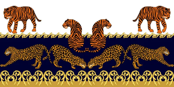 Bordo barocco con leopardi ed elementi gioiello . — Vettoriale Stock