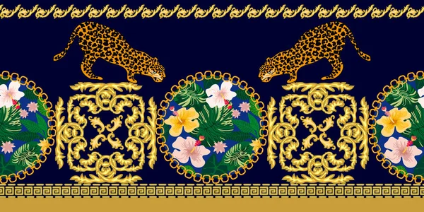 Barocke Bordüre mit Leoparden und Schmuckelementen. — Stockvektor