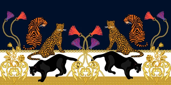 Royal baroque border with wild animals. — Stock Vector