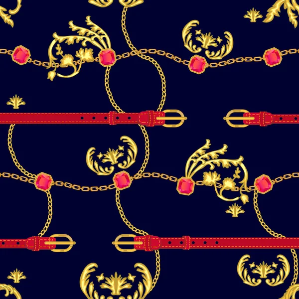 Impresión con cadenas doradas y elementos damasco . — Archivo Imágenes Vectoriales