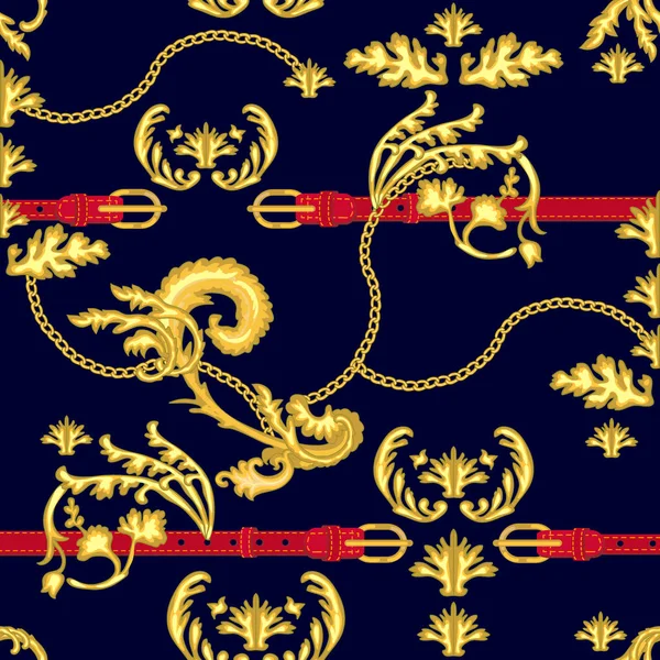 Afdrukken met gouden kettingen en damask elementen. — Stockvector