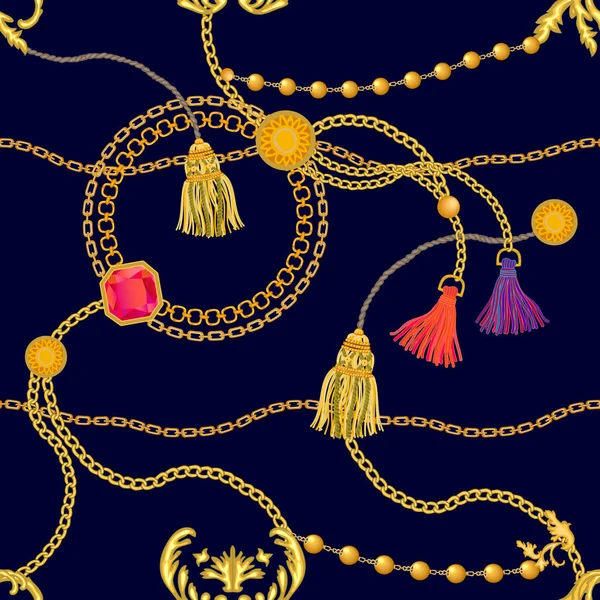 Impresión realista con cadenas doradas y gemas . — Archivo Imágenes Vectoriales