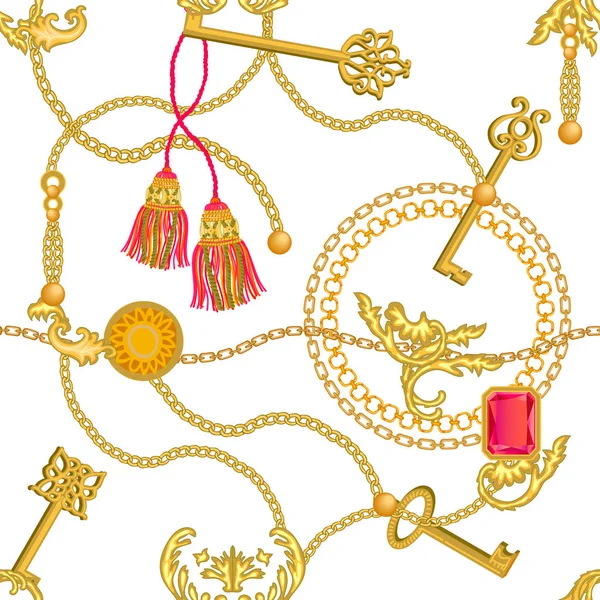 鎖、rubins およびキーが付いているバロック様式の印刷物. — ストックベクタ
