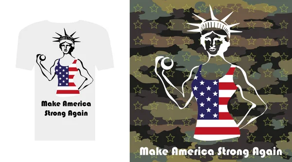 Marka Ameryka Strong ponownie T shirt. Statua wolności jako kulturysta kobiet. — Wektor stockowy