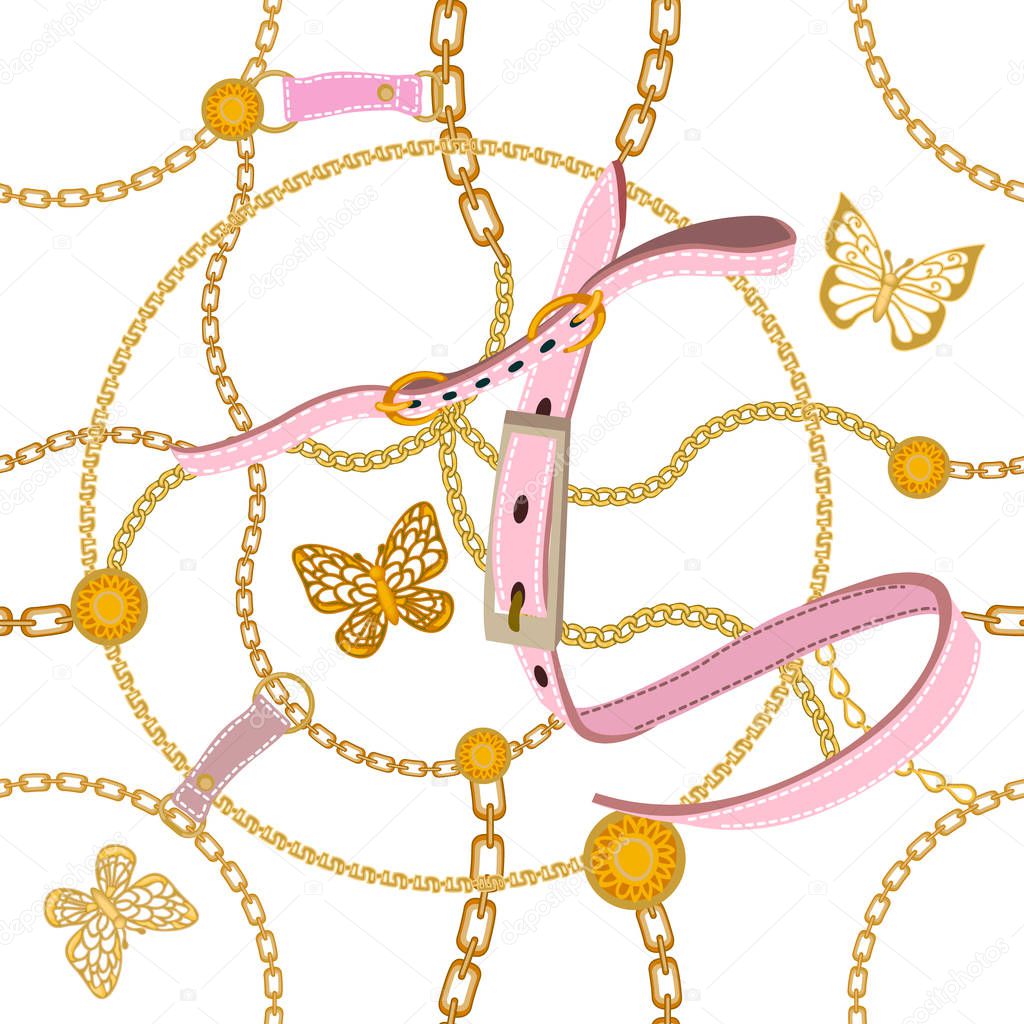 Baroque print with golden chains, pink leather straps and butterflies. 