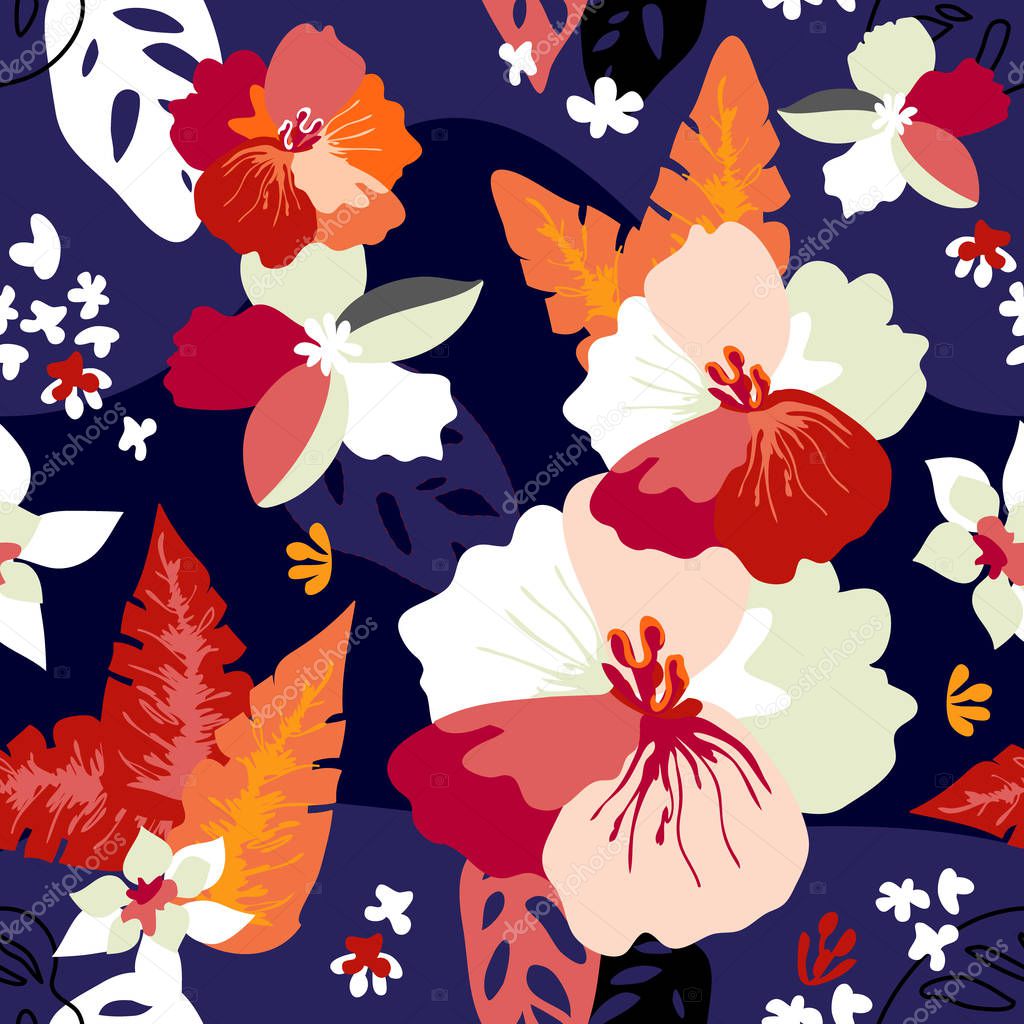Abstract floral print with Japanese motifs. 