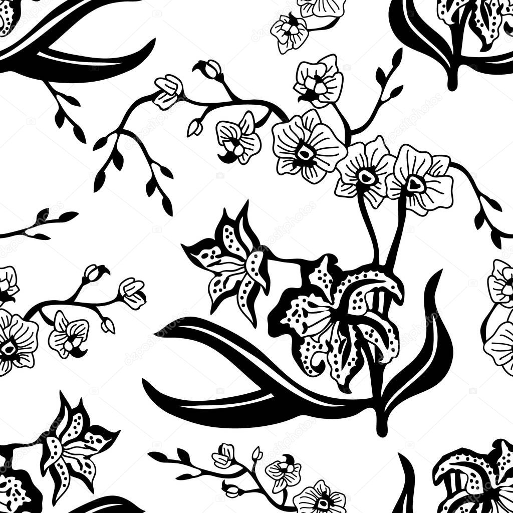 Oriental pattern with orchids and lilies.