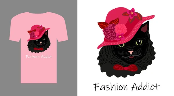 Addict mody. T-shirt ze wzorem Funny Cat. — Wektor stockowy