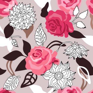 Büyük gül ve dahlias ile pembe vintage desen.