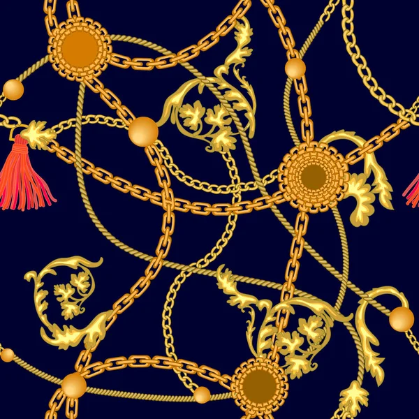 Estampado barroco con cadenas, cordones y monedas . — Vector de stock