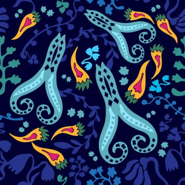 Kır çiçekleri ile koyu mavi paisley desen.
