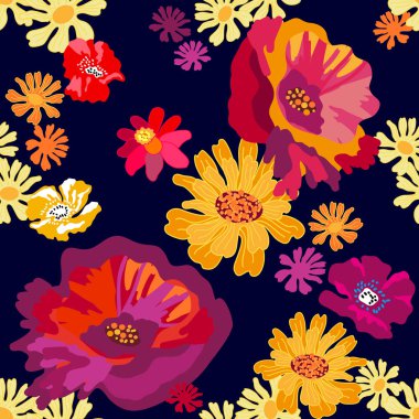 Büyük haşhaş ve chamomiles ile parlak baskı.