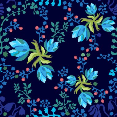 Yaprakları, çiçekleri, çilek ile mavi baskı. 