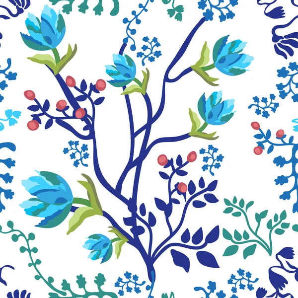 Yaprakları, çiçekleri, çilek ile mavi baskı. 