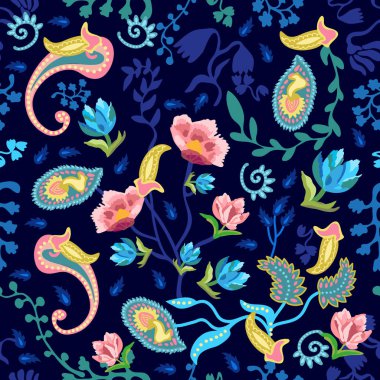 Çiçek açan çiçeklerle soyut paisley baskı. 