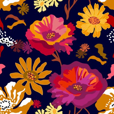 Siyah arka planda renkli büyük haşhaş ve chamomiles. 