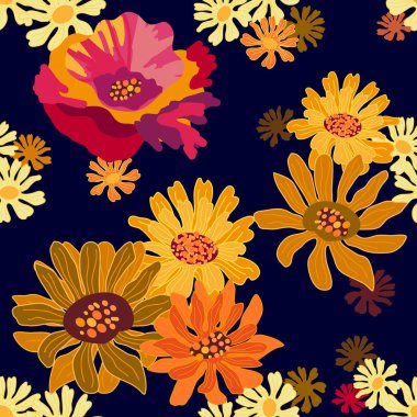 Renkli büyük haşhaş ve koyu arka plan üzerinde chamomiles. 