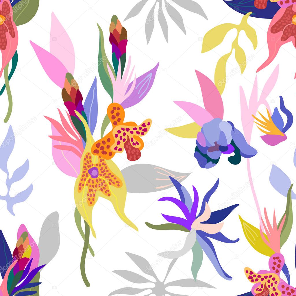 Seamless pattern with flowers and palm leaves. 
