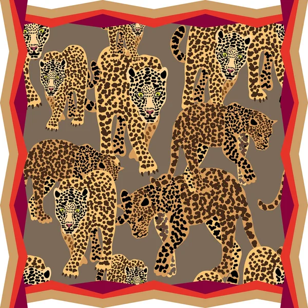 Silk scarf with graceful leopards. — Stock Vector