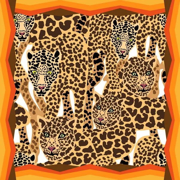 Silk scarf with graceful leopards. — Stock Vector