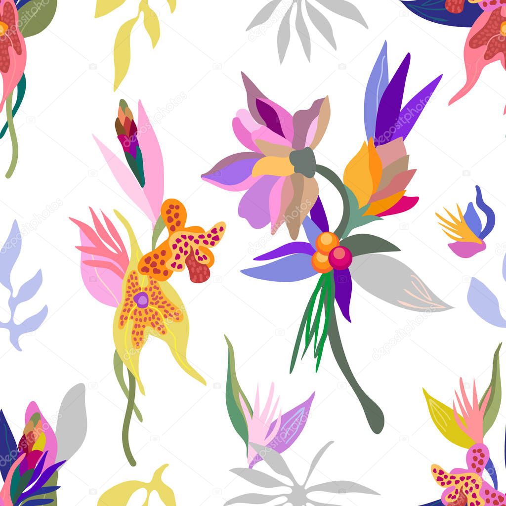 Seamless pattern with tropical flowers. 