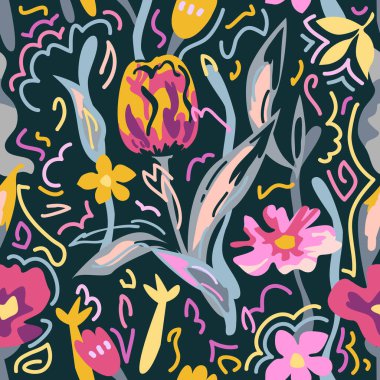 Siyah arka planda soyut bitkiler. Sketchy çiçek desenli.