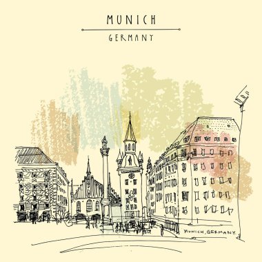 Münih, Bavyera, Almanya, Avrupa. Marienplatz Meydanı, eski Belediye Binası ve Marian sütun. Seyahat kroki. Vintage el çekilmiş kartpostal, poster, Kitap Illustration. Vektör resim