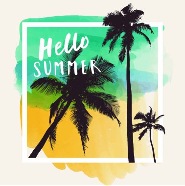 Merhaba Summer. Parlak renkli suluboya arka planda düz palmiye ağaçları olan modern kaligrafik tişört tasarımı. Canlı iyimser yaz broşürü, poster, kumaş baskı tasarımı vektör içinde