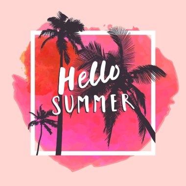 Merhaba yaz. Parlak kırmızı sulu boya arka plan üzerinde düz palmiye ağaçları ile modern kaligrafi T-shirt tasarım. Canlı neşeli iyimser yaz afiş, poster, kumaş baskı tasarımı vektör