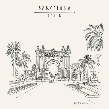 Barcelona, Katalonya, İspanya. Arc de Triomf (Zafer Takı) ve palmiyeler. Seyahat kroki. El çekilmiş vintage turistik kartpostal, poster, Kitap Illustration. Vektör resim