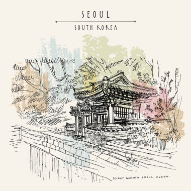 Seoul, Güney Kore, Asya. Alace Sarayı, Huwon Park, Secret Garden. Köşk, gölet, ağaçlar. El çizimi. Seyahat kroki. Vintage turistik kartpostal, poster ya da kitap illüstrasyon vektör