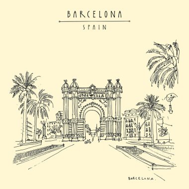 Barcelona, Katalonya, İspanya. Neo-Mudéjar tarzda arc de Triomf (Zafer Takı) ve palmiyeler. Seyahat kroki. El çekilmiş vintage turistik kartpostal, poster, Kitap Illustration. Vektör resim