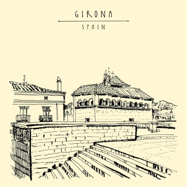 Merdiven Girona Katedrali, Catalonia, İspanya. Tarihi kent. Ortaçağ mimarisi. Taht Oyunları çekim 6 sezon yeri. Vintage seyahat el çekilmiş kartpostal vektör