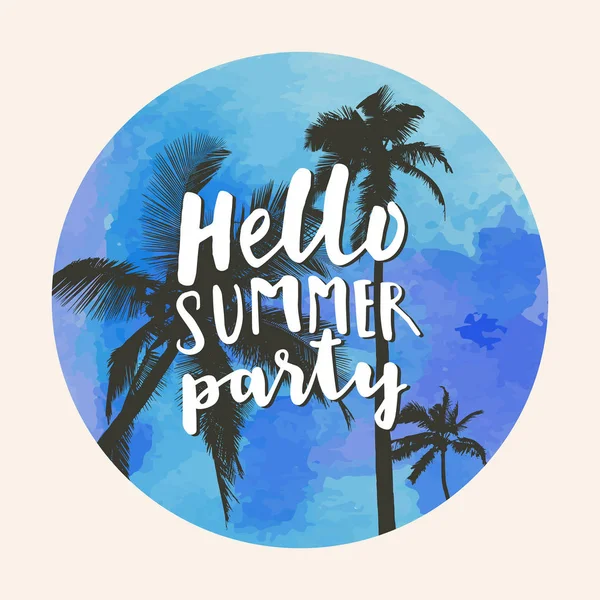 Hello Summer Party Modern Calligraphic Shirt Design Flat Palm Trees — Stock Vector