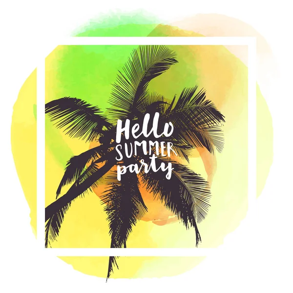 Hola Summer Party Moderno Diseño Camiseta Caligráfica Con Palmeras Planas — Vector de stock