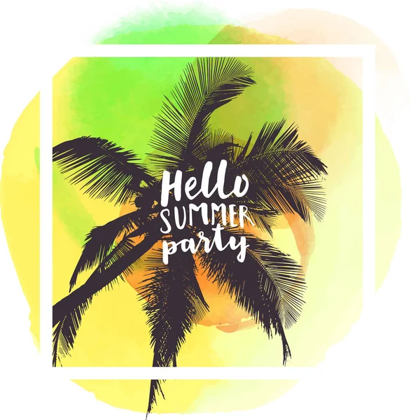 Hola Summer Party Moderno Diseño Camiseta Caligráfica Con Palmeras Planas — Archivo Imágenes Vectoriales