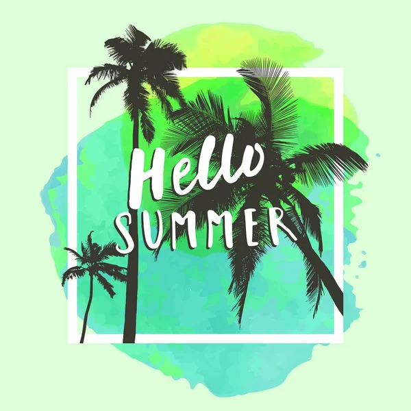 Merhaba Summer. Parlak renkli suluboya arka planda düz palmiye ağaçları olan modern kaligrafik tişört tasarımı. Canlı iyimser yaz broşürü, poster, kumaş baskı tasarımı vektör içinde