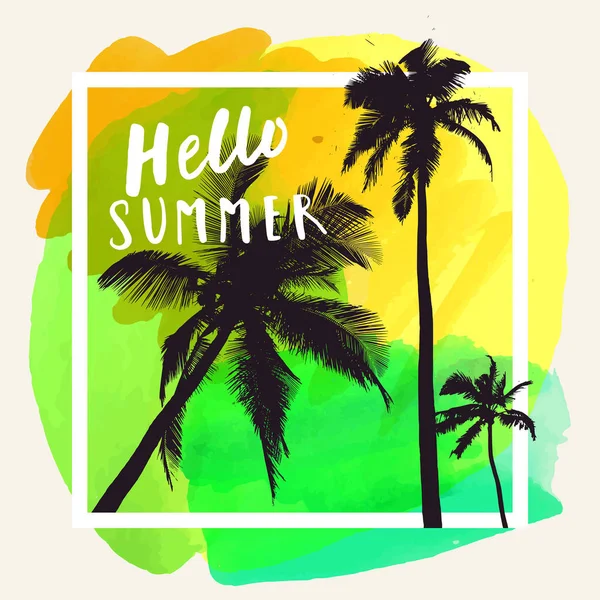 Merhaba Summer Parlak Renkli Suluboya Arka Planda Düz Palmiye Ağaçları — Stok Vektör