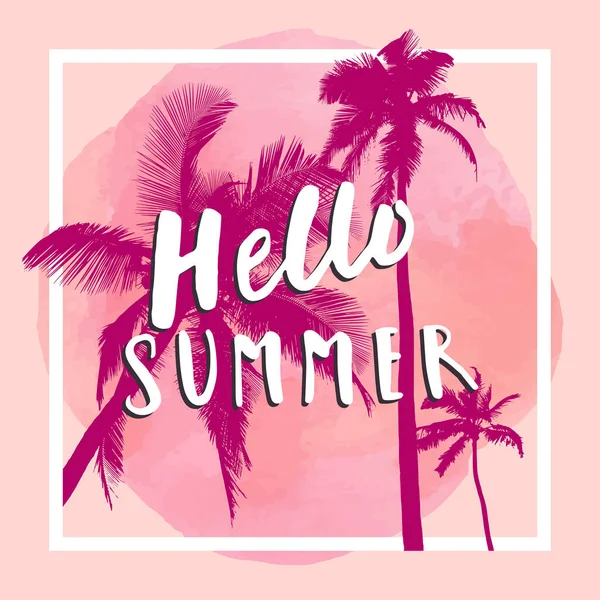 Hallo Summer Modern Kalligrafisch Shirt Ontwerp Met Platte Palmbomen Heldere — Stockvector