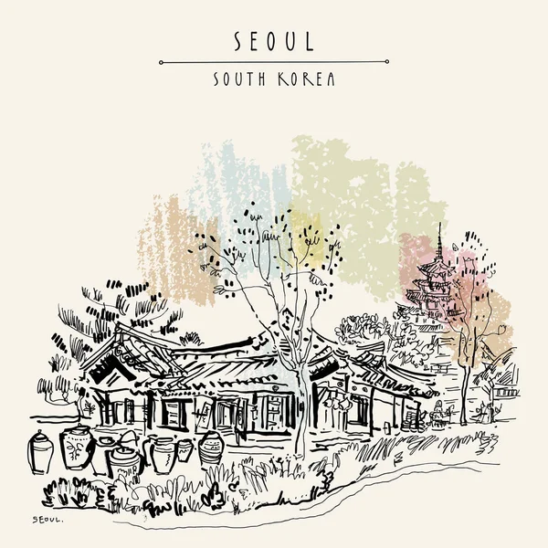 Seoul Korea Południowa Azja Stary Dom Tradycyjny Koreański Hanok Garnki — Wektor stockowy