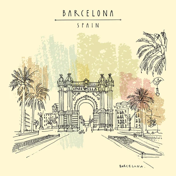 Barcelona Cataluña España Arco Triunfo Palmeras Esbozo Viaje Postal Turística — Vector de stock