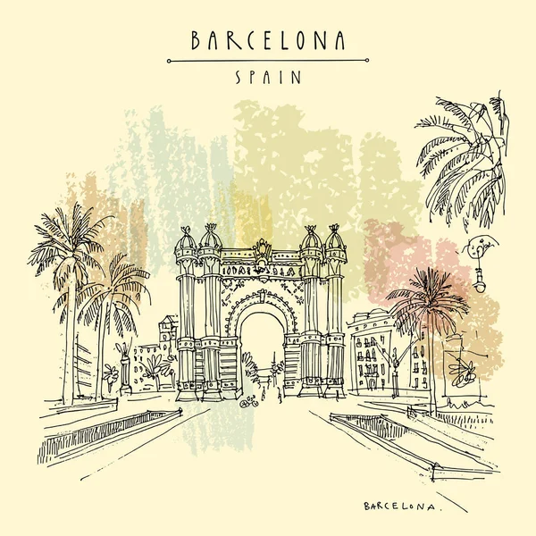 Barcelona, Katalonya, İspanya. Arc de Triomf (Zafer Takı) ve palmiyeler. Seyahat kroki. El çekilmiş vintage turistik kartpostal, poster, Kitap Illustration. Vektör resim