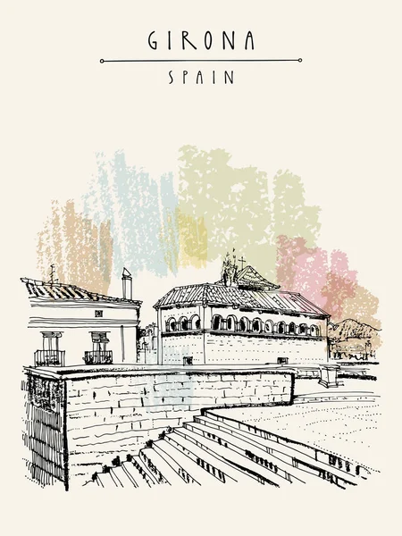 Лестница Кафедрального Собора Жироны Каталония Испания Исторический Старый Город Средневековая — стоковый вектор