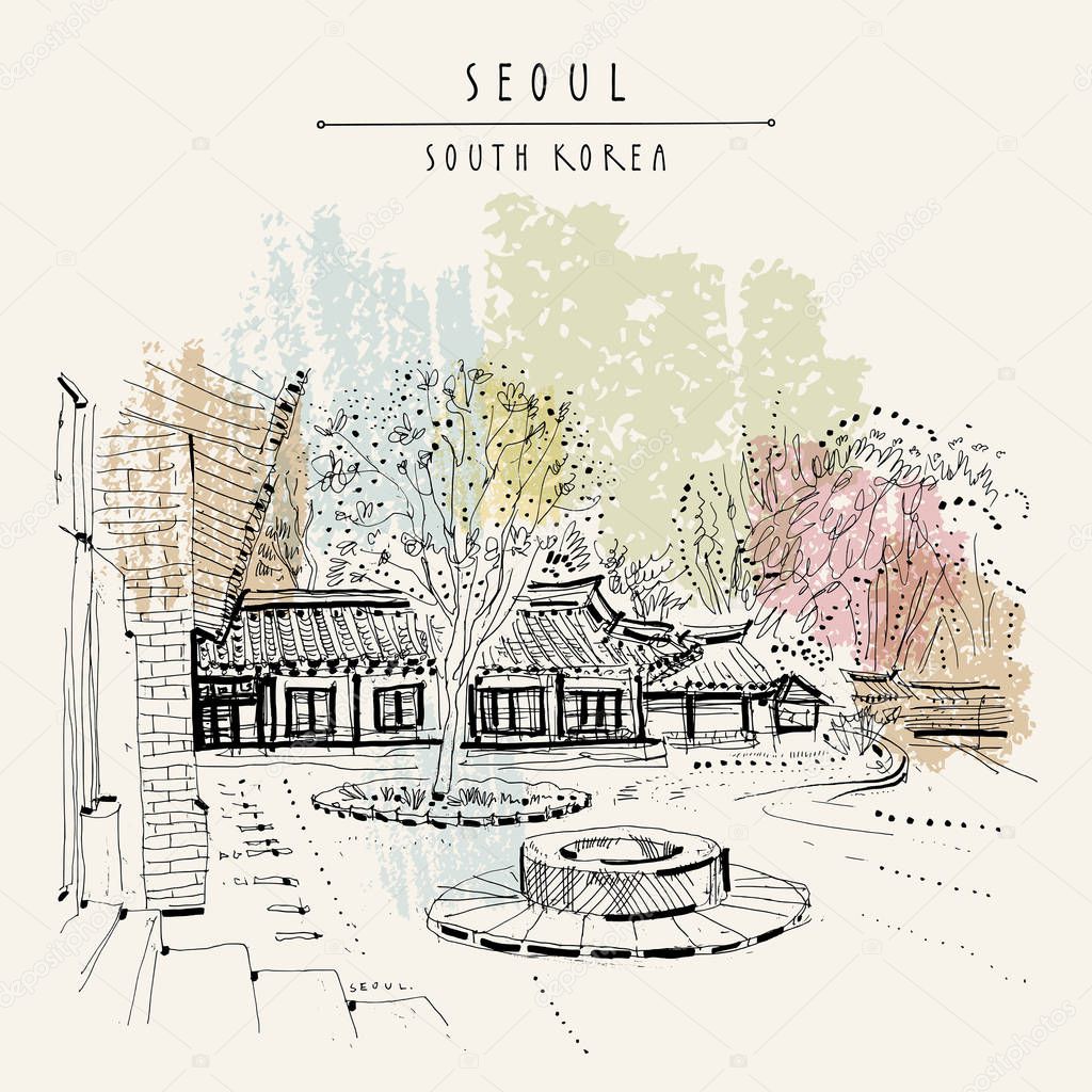 Seoul, South Korea, Asia. Changdeokgung Palace, Nakseonjae Complex. Hand drawing in retro style. Travel sketch. Vintage touristic postcard, poster or book illustration in vector