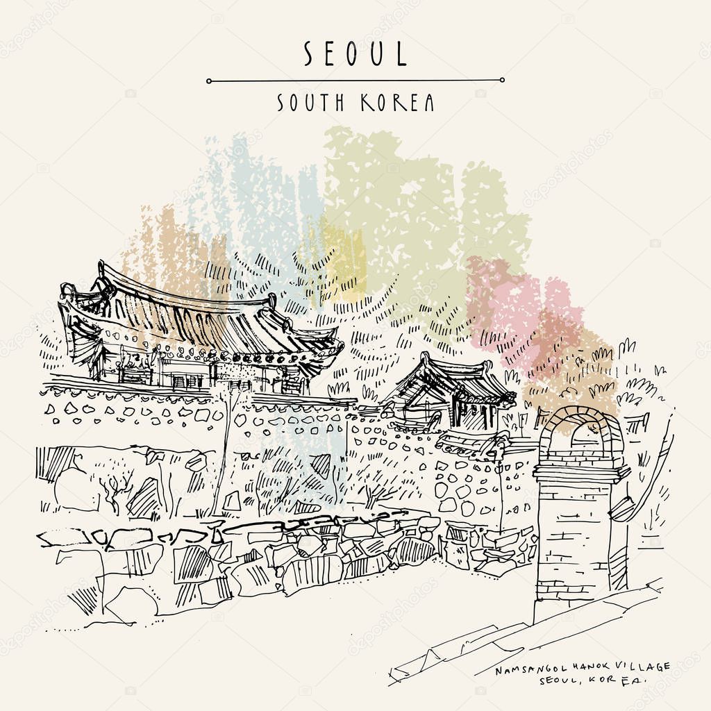 Seoul, South Korea, Asia. Hanok Namsangol, traditional Korean village. Hand drawing in retro style. Travel sketch. Vintage touristic postcard, poster or book illustration in vector
