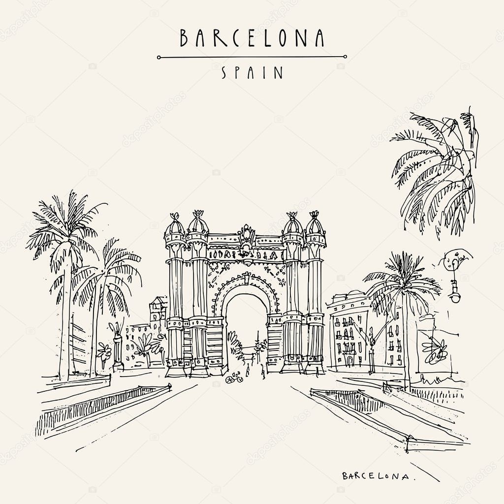 Barcelona, Catalonia, Spain. Arc de Triomf (Triumphal Arch) and palm trees. Travel sketch. Hand drawn vintage touristic postcard, poster, book illustration. Vector artwork