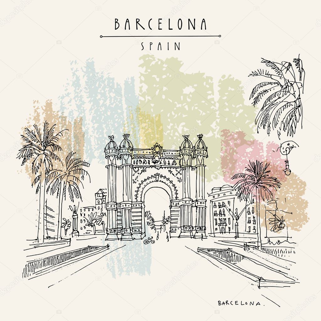 Barcelona, Catalonia, Spain. Arc de Triomf (Triumphal Arch) and palm trees. Travel sketch. Hand drawn vintage touristic postcard, poster, book illustration. Vector artwork