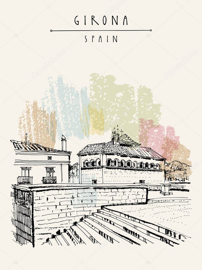 Stairs of Girona cathedral, Catalonia, Spain. Historic old town. Medieval architecture. place of shooting 6th season of Games of Thrones. Vintage travel hand drawn postcard in vector