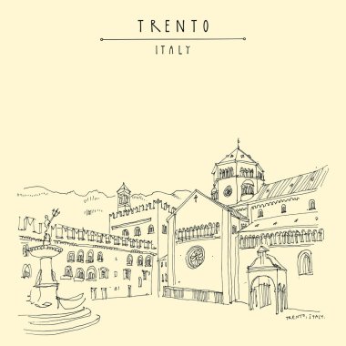 Trento, İtalya. Katedral Meydanı (Piazza Duomo) ve geç Barok Neptün Çeşmesi. Artistik çizim. Seyahat kroki. Vintage turistik kartpostal, poster ya da kitap illüstrasyon vektör
