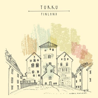 Turku, Finlandiya, Scandinavia, Avrupa'nın Turku Castle (Turun Linna). 13. yüzyılda inşa İsveçli castle. El çizimi. Seyahat kroki. Vintage turistik kartpostal, poster, Kitap Illustration. Vektör